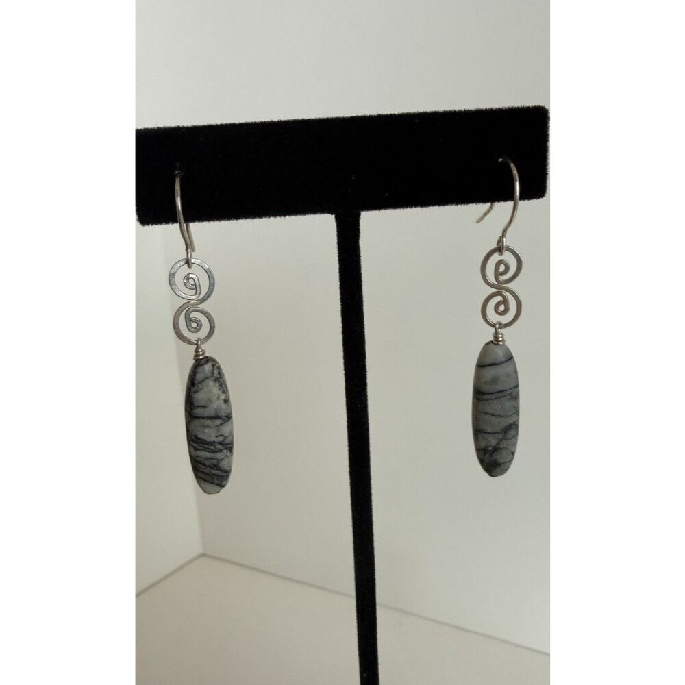 Sterling Silver Picasso Jasper Dangle Earrings Artisan Spiral Wire Drop